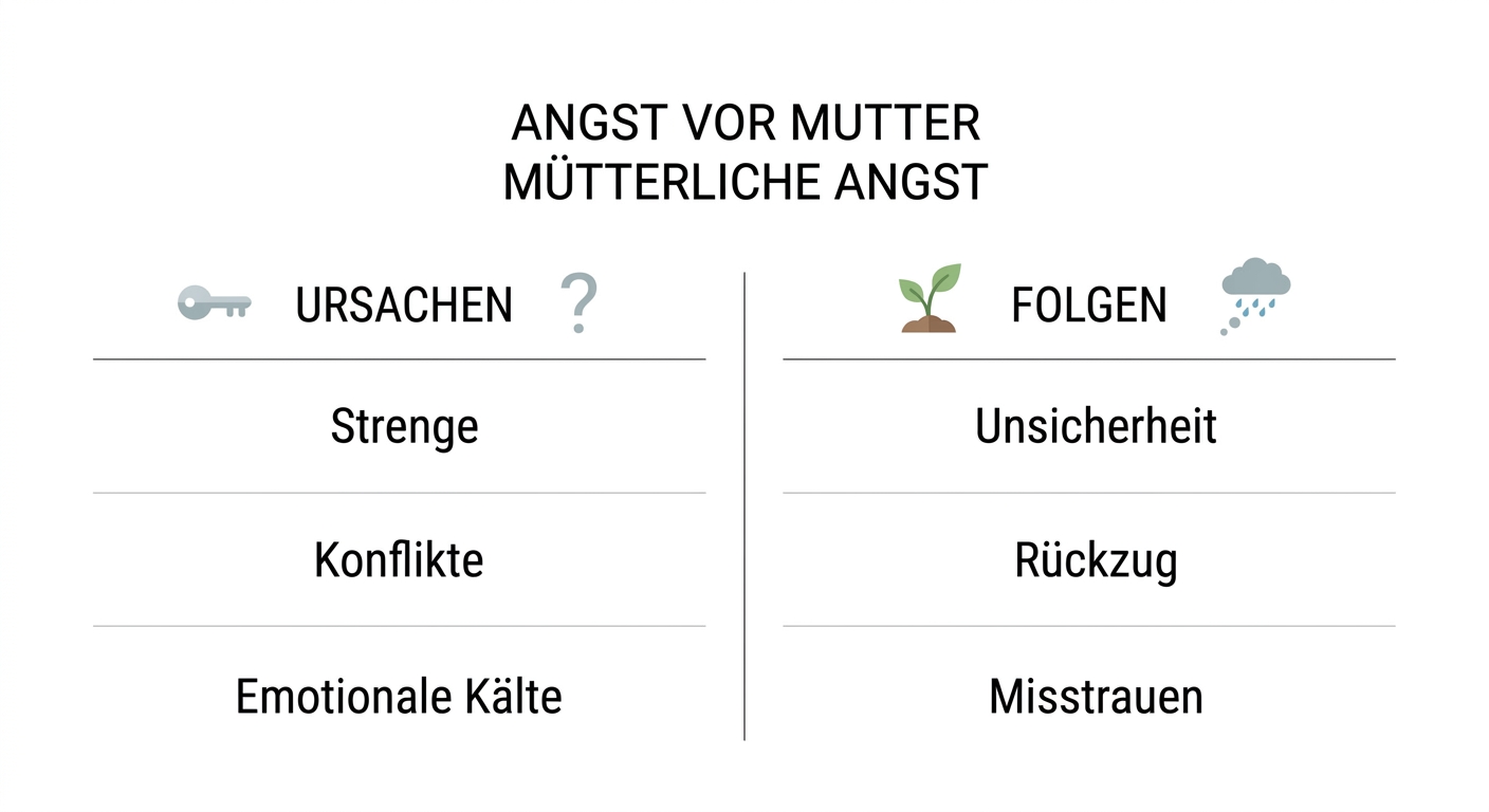 Übersicht: Ursachen (Strenge, Konflikte, Emotionale Kälte) und Folgen (Unsicherheit, Rückzug, Misstrauen) der Angst eines Kindes vor der Mutter